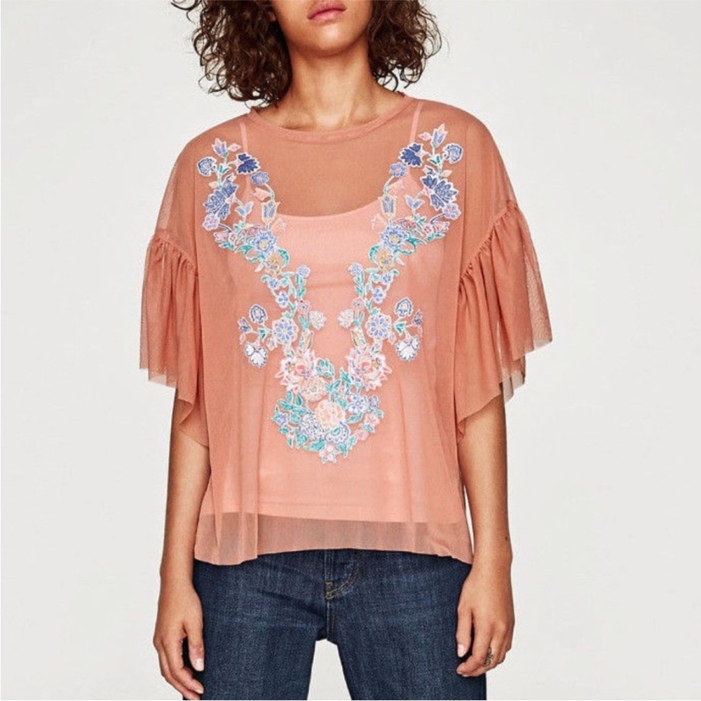Cute ❤️ZARA Frilled Top - Floral Embroidery Print